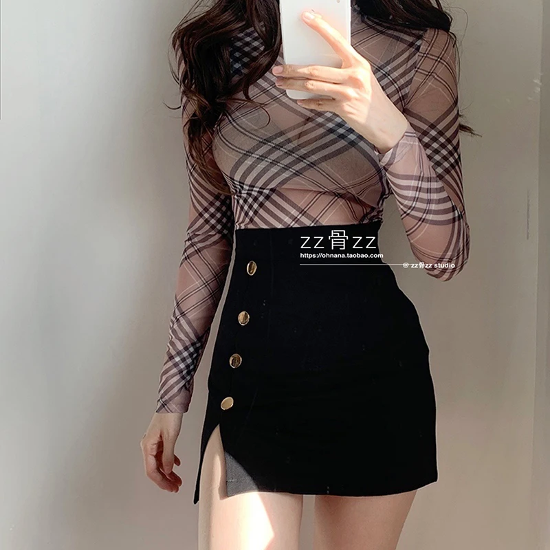 lace bodysuit WOMENGAGA Plaid Printed Round Neck Slim Perspective Elastic Full Sleeve Summer Tops Sexy Hot Women Rompers Skinny Bodysuits QA84 mesh bodysuit