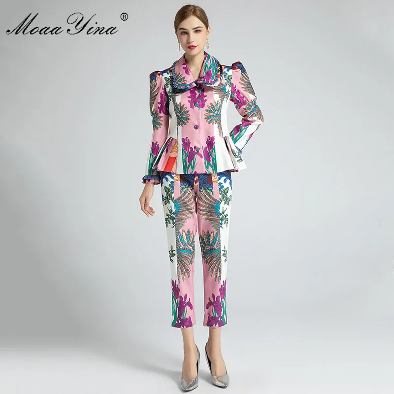 

MoaaYina Fashion Designer Set Spring Women's Long sleeve Tops+Indie Folk Print 3/4 pants high quality Two-piece set