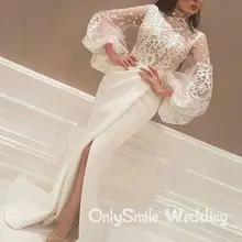 Saudi Arabic Vestido, Noche, кружевные прозрачные вечерние наряды русалки, пышные, длинные рукава, мусульманские, с разрезом спереди, сексуальные, с разрезом по бокам, вечерние платья