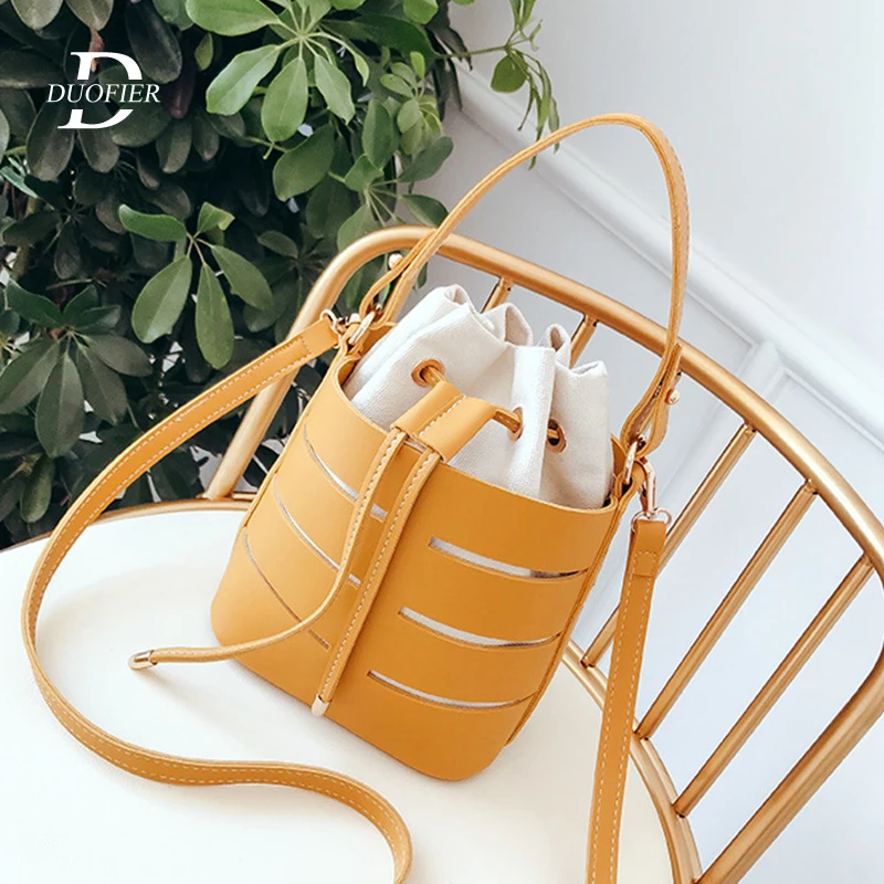 

2019 Fashion Womens Bucket Bag Summer New High Quality Leather Hollow Messenger Bag Ladies Casual Wild Shoulder Crossbody Bags