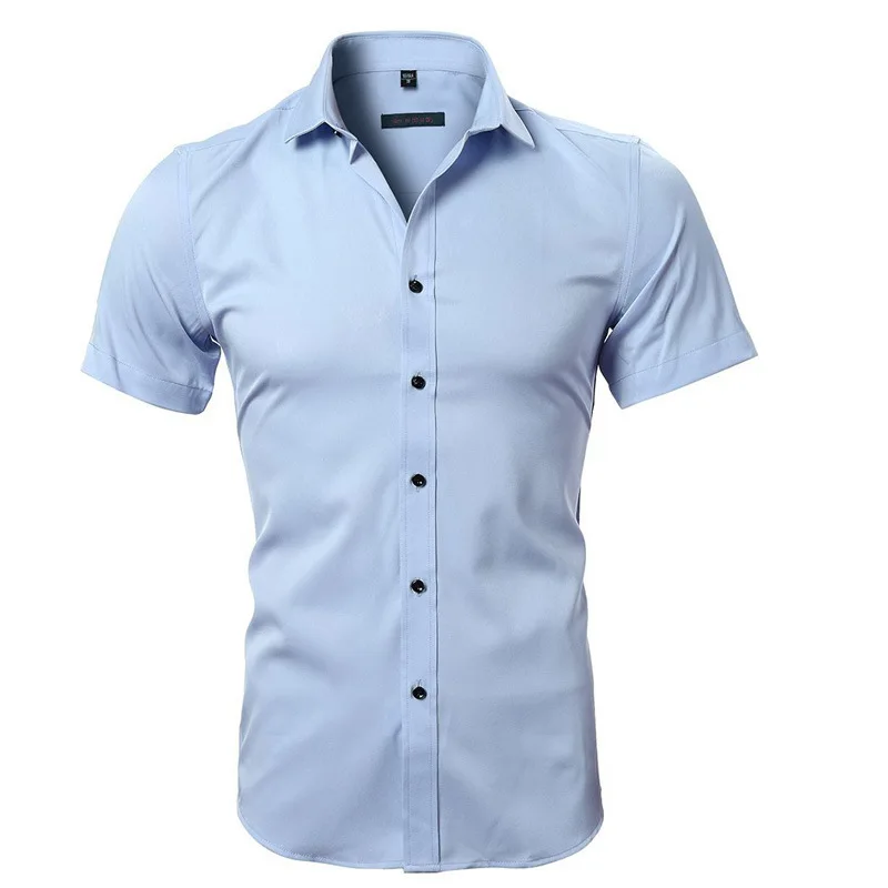Gray Elastic Bamboo Fiber Shirt Men Brand Summer Short Sleeve Mens Dress Shirts Non Iron Easy Care Business Work Chemise Homme 6