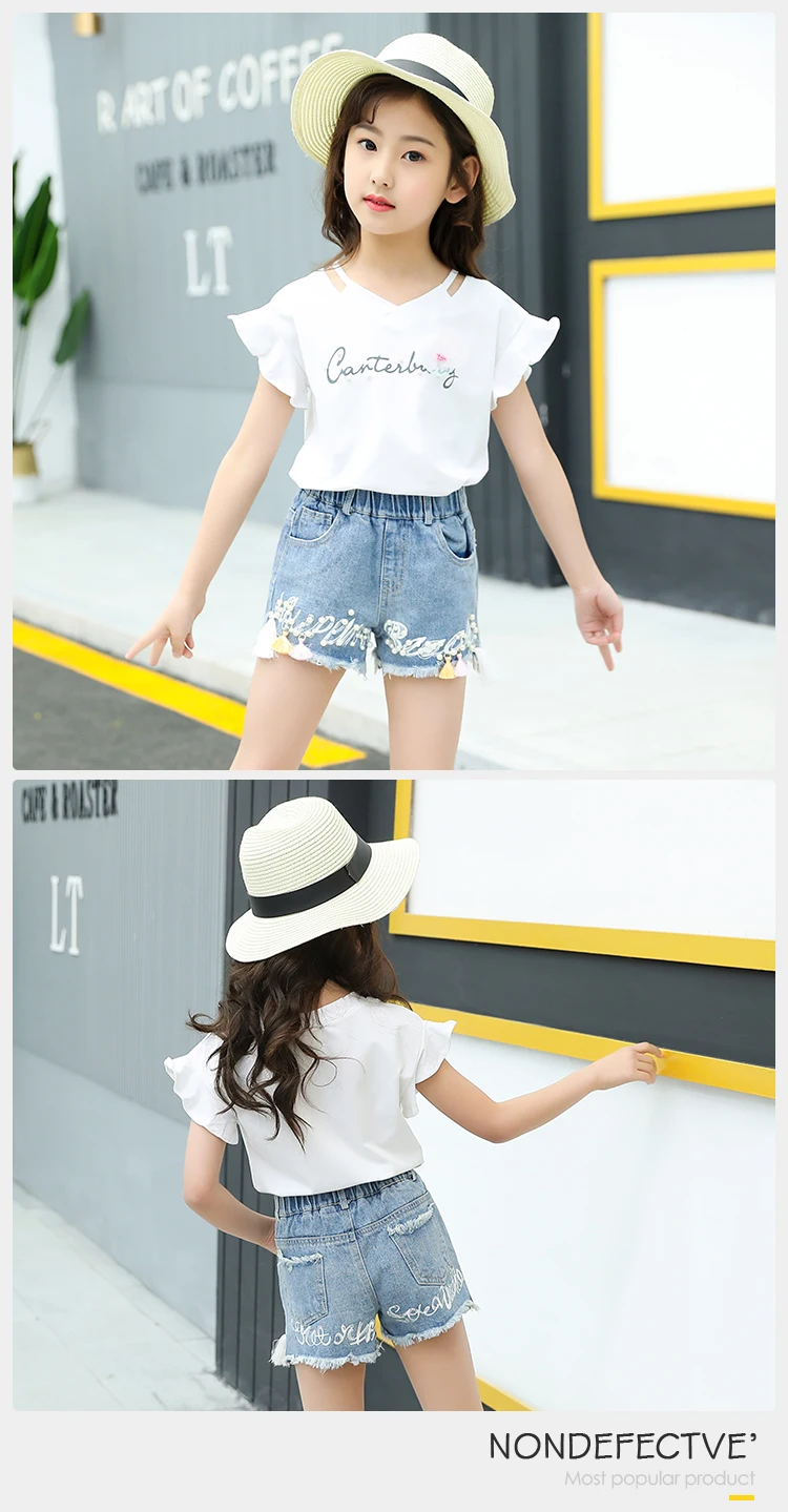 Summer Kids Girls 2 Piece 5-14 Year Old Girl Outfits Puff Sleeve T-shirt Two Piece Denim Short Girls Clothing Set