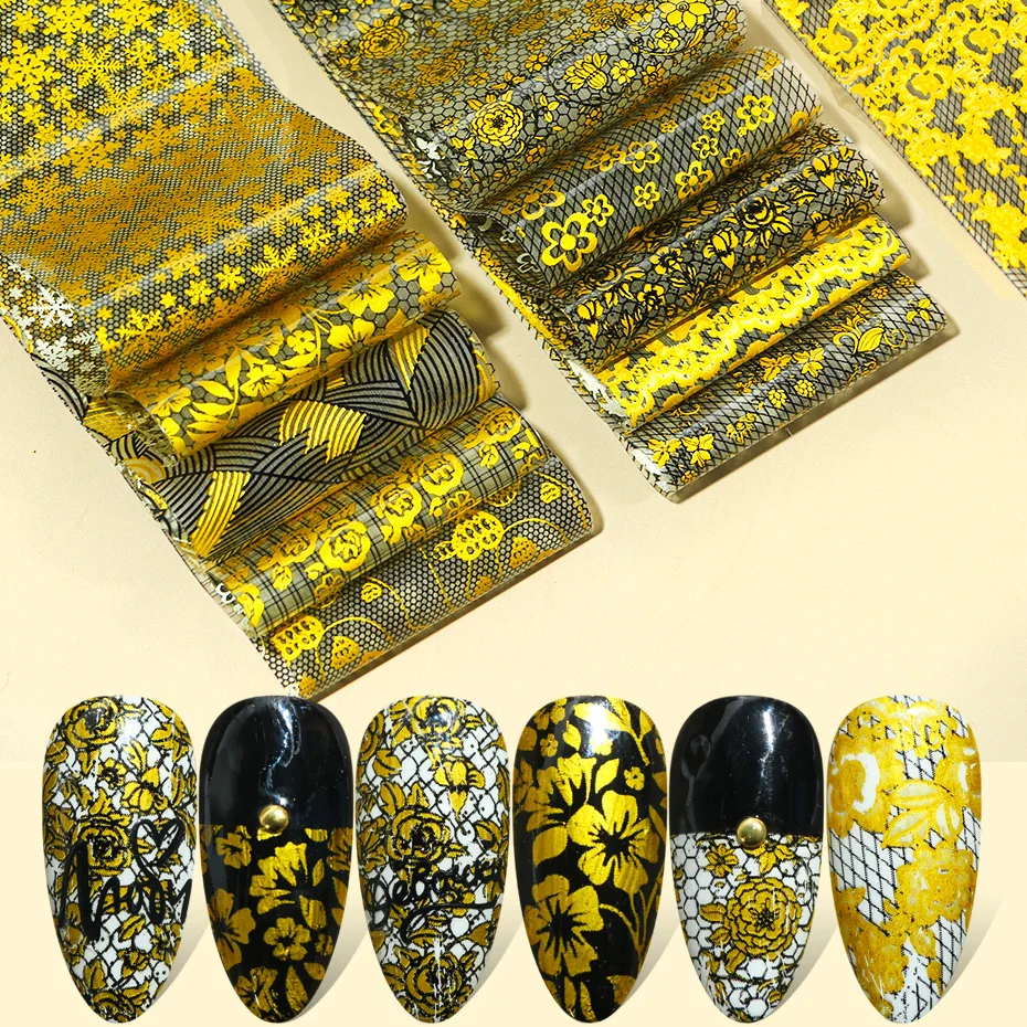 10 шт золотые наклейки для ногтей Фольга цветы Геометрическая линия узор золотые украшения для ногтей Дизайн Акриловые маникюрные обертывания TR1554