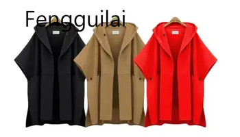 

Women Open Stitch Woolen Hooded Cape Coat Winter Loose Street Cloak Coat Female Retro Womens Cape Poncho Femme 2019