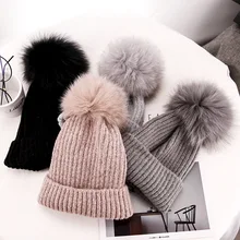 Женские шапки, Зимняя шерстяная шапка из лисьего меха, шерстяная шапка, милая шапка Mao Qiumao, сохраняющая тепло, универсальная вязаная шапка