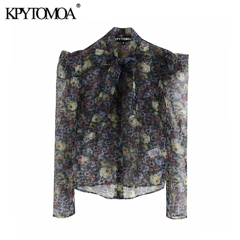 Vintage Stylish Transparent Floral Print Organza Blouses Women Fashion Bow Tie Collar Puff Sleeve Shirts Blusas Chic Tops