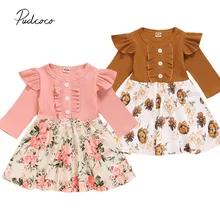  Infant Kids Baby Girl Patchwork Dress, Toddler Long Sleeve Round Neck Decorative Button Ribbed Dress Ruffle Clothes 