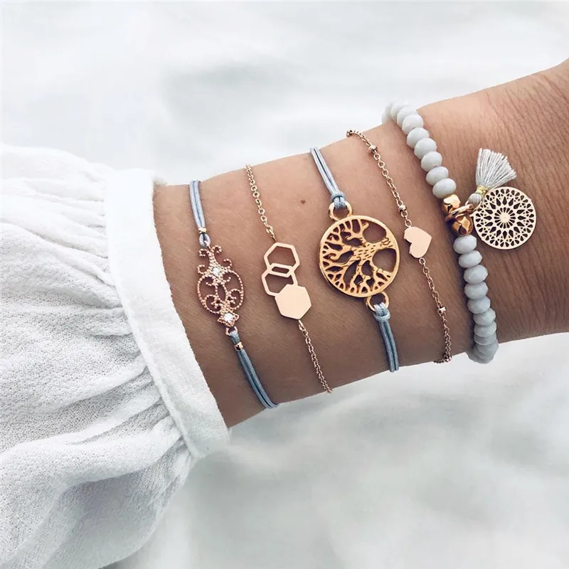 

VAGZEB 5 pcs/set Gold Color Bohemian Tree Heart Charm Beads Bracelets Bangles for Woman