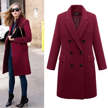 

Female Autumn Winter New Double Breasted Solid Coat Plus Size 5XL Long Jacket Women Fashion Slim England Style Outwear Ladies