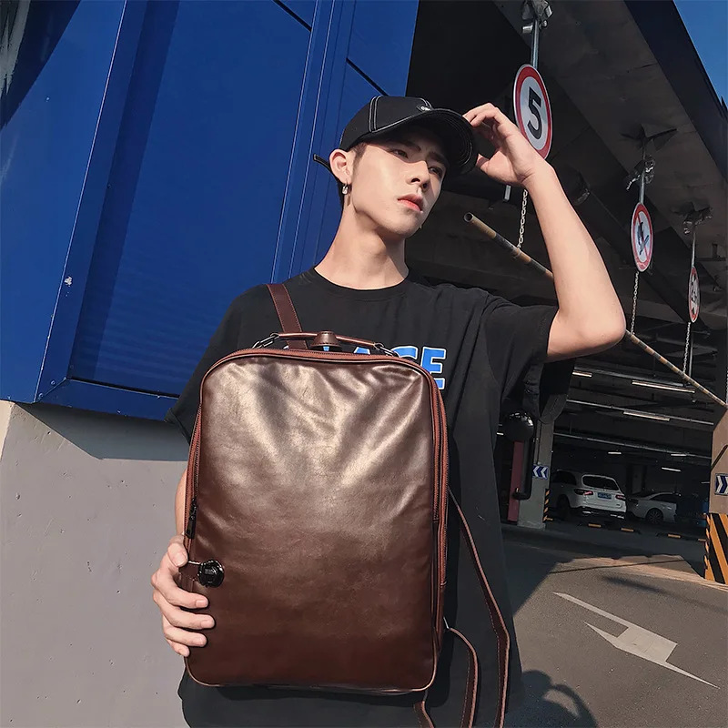 

Men's Backpack Travel-Bag Leather Knapsack Luxury Large-Capacity Female Zipper