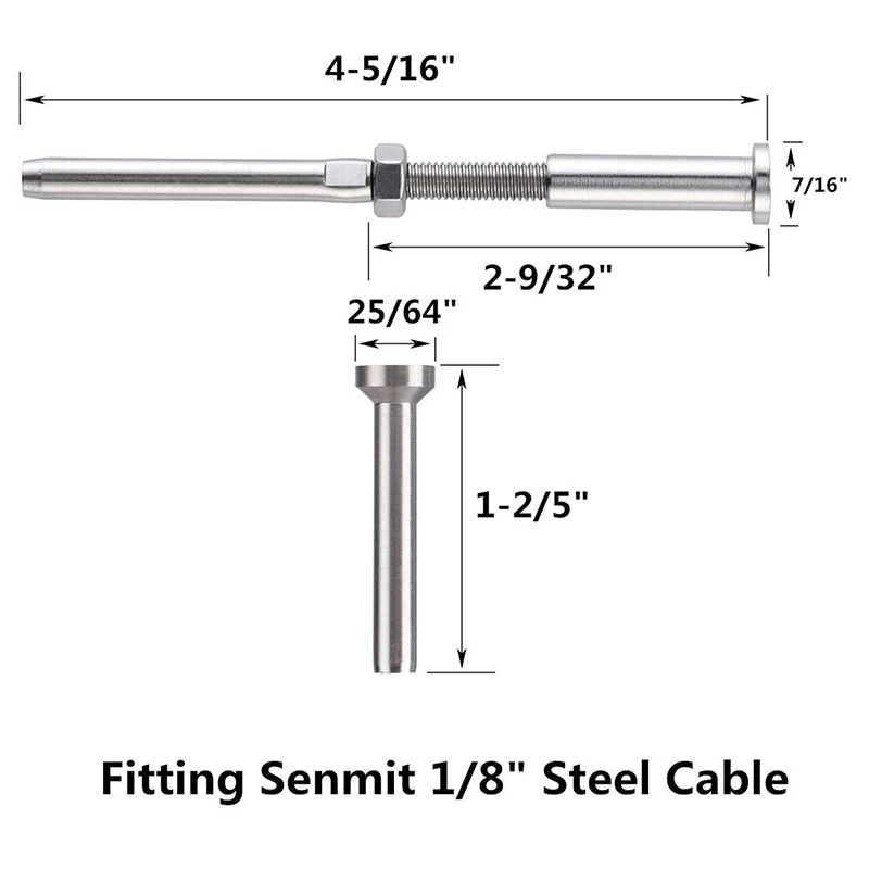 20 Pairs Stainless Steel 316 Grade Cable Railing Threaded Stud Tensioner Receiver & Flat Head Stemball Terminal for 1/8 Cable