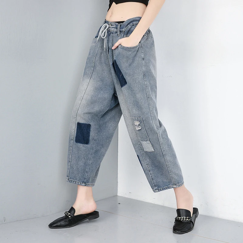 [EAM] широкие синие длинные джинсы с заплатками, новые свободные женские брюки с высокой талией, модные весенние осенние JU063