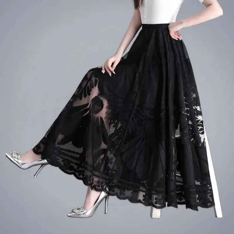 

Elastic High Waist Lace Skirts Women Spring Summer Skirt Korean Elegant Casual A-line Black Blue Red Long Maxi Skirts W2362