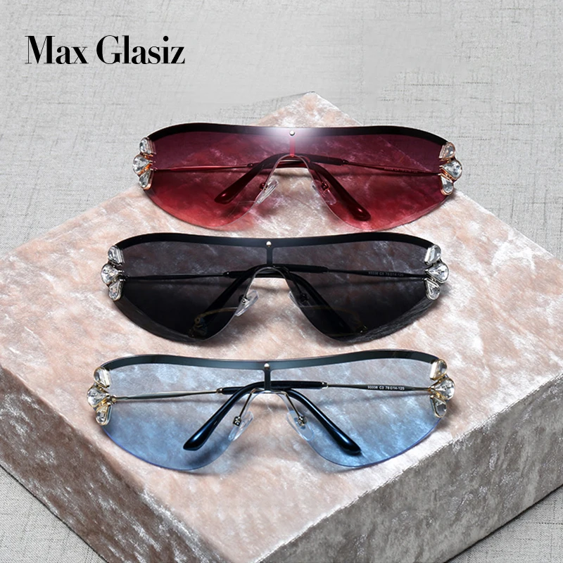 Max Glasiz, модные, металлические, без оправы, большие, солнцезащитные очки для женщин, соединенные линзы, высокое качество, стразы, декоративные, солнцезащитные очки