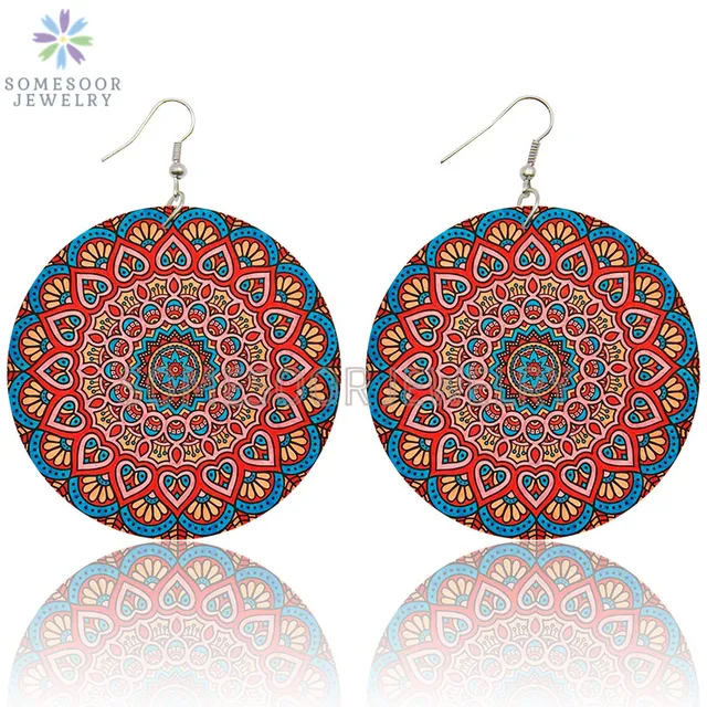 SOMESOOR Vintage Bohemian Flower Wooden Drop Earrings African Ethnic Beautiful Loops Pendant Dangle Jewelry For Women Gifts Both Sides Print 1
