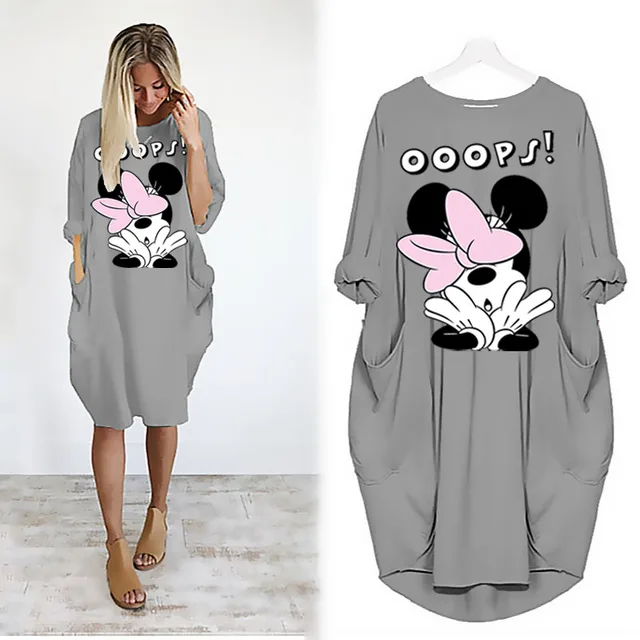 Disney Plus Size Midi Dress Long Sleeve Robe Casual Minnie Mickey Mouse Print Beach Loose Dresses Kawaii Sundress Women Clothing D002L1687 Gray