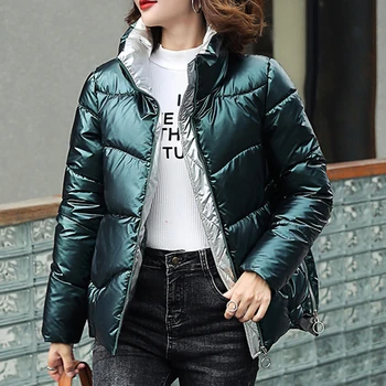 

Glossy Down Cotton Padded Jacket Women Winter Warm New Stand Collar Loose Women Winter Jacket Casual Ladies Parkas DR2433