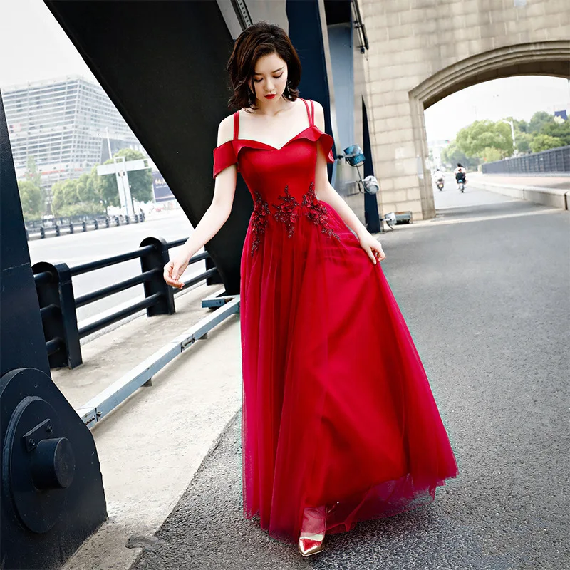 

Vestido Cocktail Gengli Toast Suit New Bride Autumn 2020 Married A Word Shoulder Long Wine Sling Banquet Evening Dresses Female