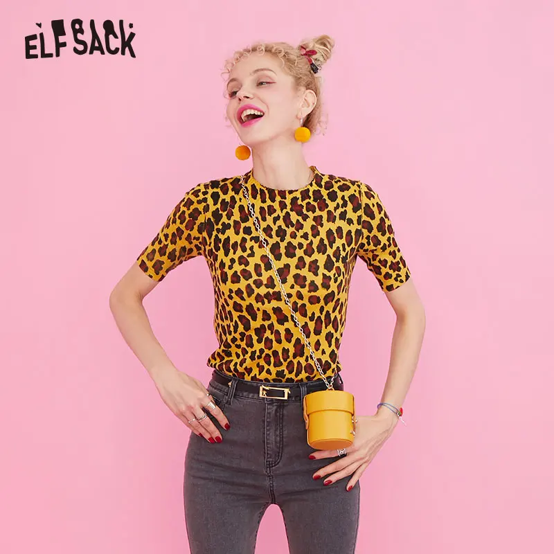 ELFSACK Леопардовый принт короткий рукав вязаные топы женская одежда осень 2019