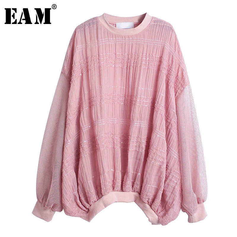 

[EAM] Loose Fit Spliced Hollow Out Chiffon Sweatshirt New Round Neck Long Sleeve Women Big Size Fashion Autumn Winter 2019 1A565
