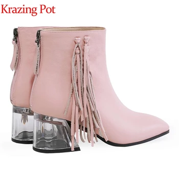 

Krazing pot genuine leather square toe high heels superstar vacation leisure princess crystal shoe fringe tassel ankle boots l88