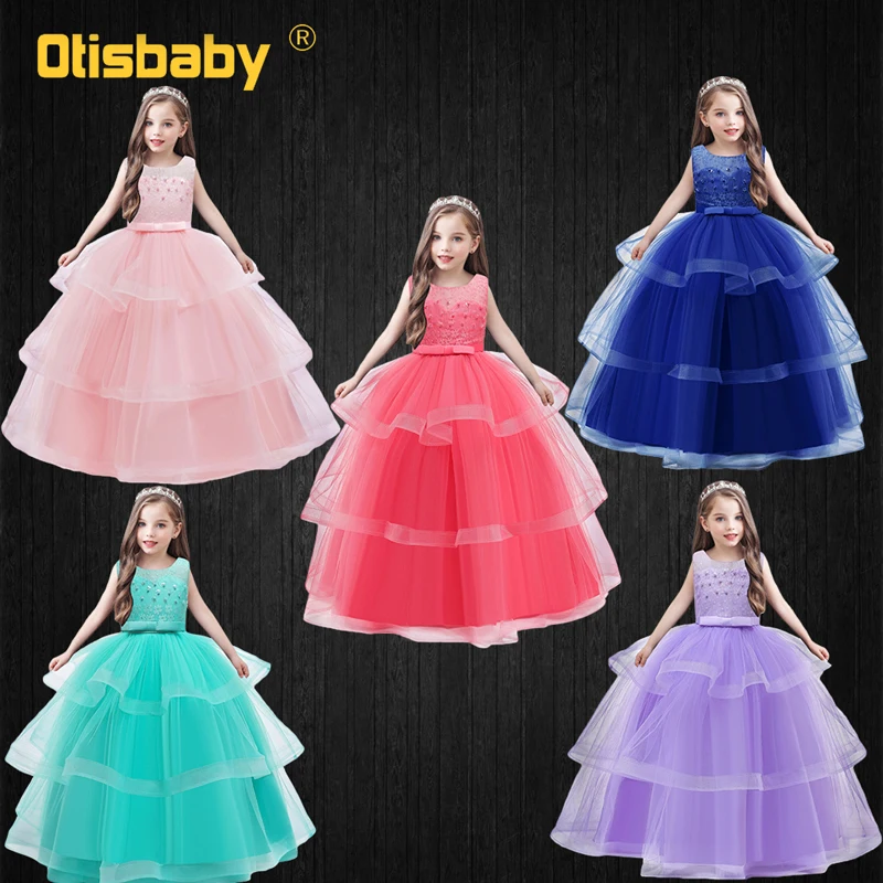 Teenage Lace Sleeveless Gown Long Evening Dress Floral Mesh Kids Dresses for Girls Princess Wedding Age 9 10 11 12 13 14 | Детская