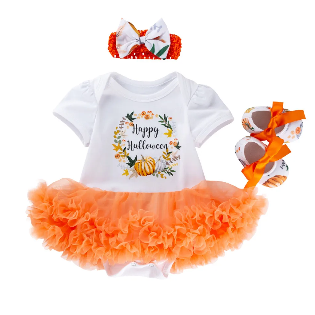 3pcs Infant Baby Girl Happy My First Halloween Romper Tutu Dress Headband Outfit