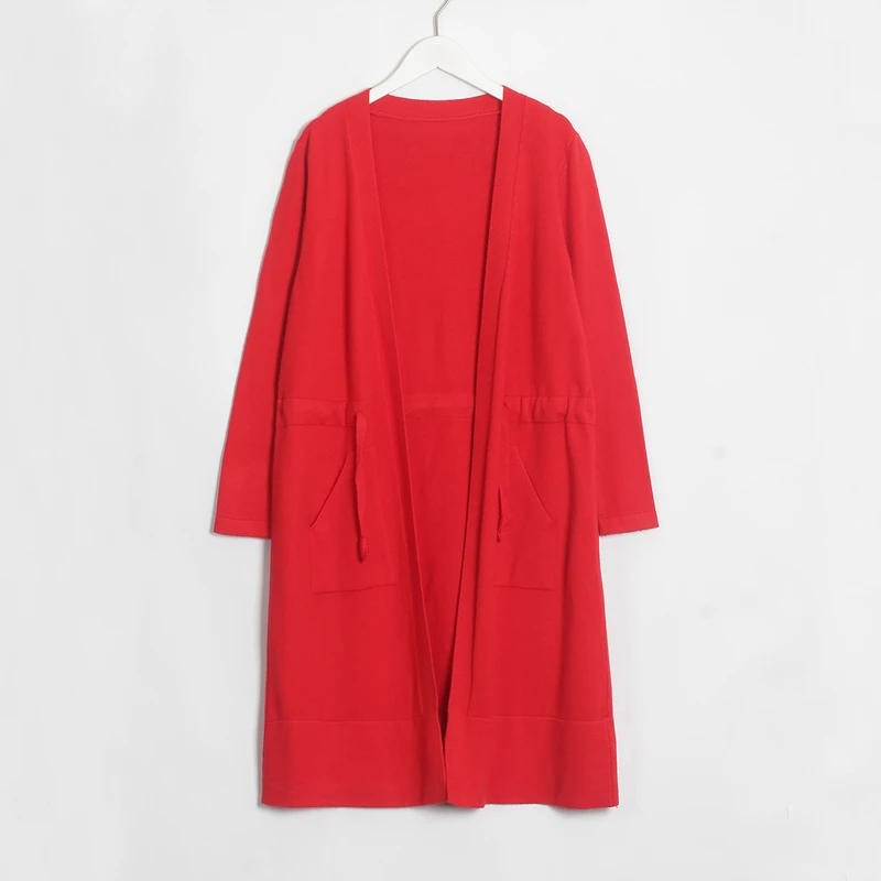 Wixra Women Solid Knitted Long Cardigan Sweater Autumn Winter Casual Lace-up Long Sleeve Pockets Knit Sweater Female Tops - Цвет: Red
