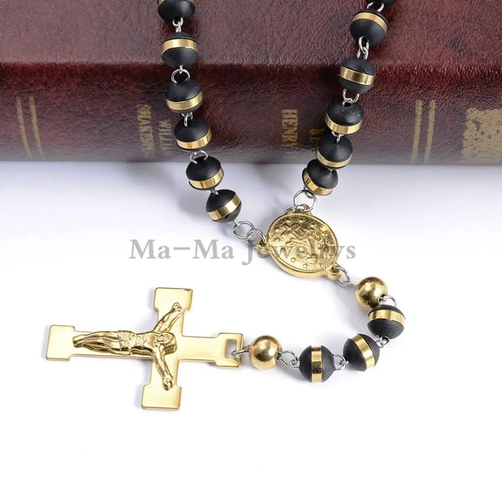 Mens or Womens Jewelry Black Gold Stainless Steel 8mm Silicone Rosary Chain Cross Pendant Necklace 28