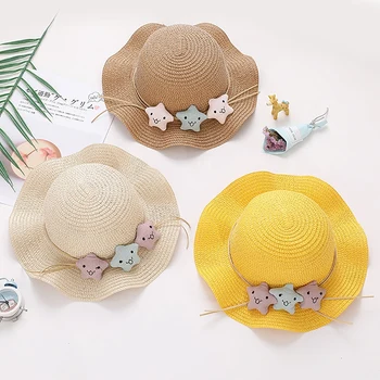 

New Cute Child Girls Straw hat Sun Hat Kids Large Brim Beach Summer Round Flat Top Cartoon Sunscreen Hat Children Gift