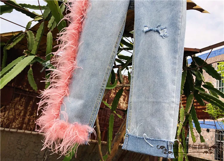 DEAT 2019 новые модные женские рваные джинсы с высокой талией с кисточками и мехом в стиле пэчворк женские брюки WH61705L high Street