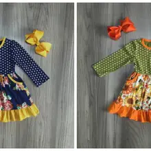Осенне-зимняя одежда для маленьких девочек детское горчичное оранжевое темно-синее платье с цветочным рисунком милое шелковое хлопковое платье с оборками и бантом до колена