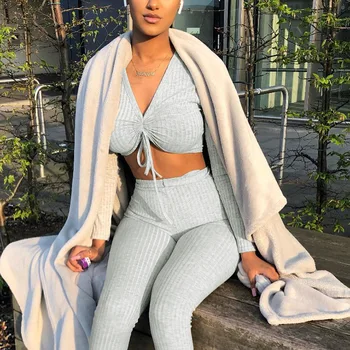 

2019 Sexy Sexy Deep V Two Piece Set Solid Button Bodycon 2 Piece Set Women Long Sleeve Top And Pants Winter Autumn Sets