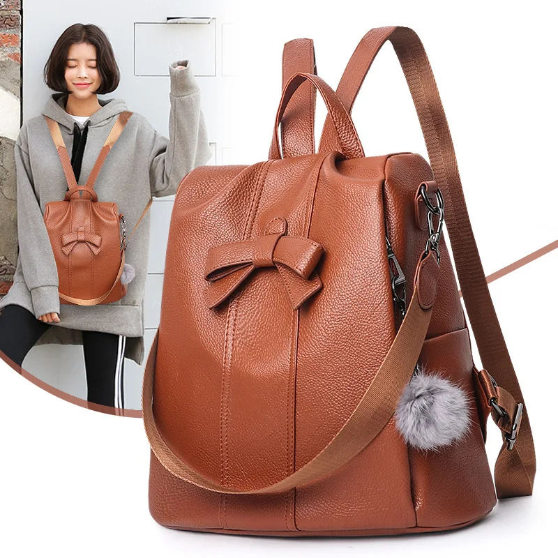 

female leather backpack plush ball women backpack Fashion casual travel backpack school bags for teenage girls Women's bagpack