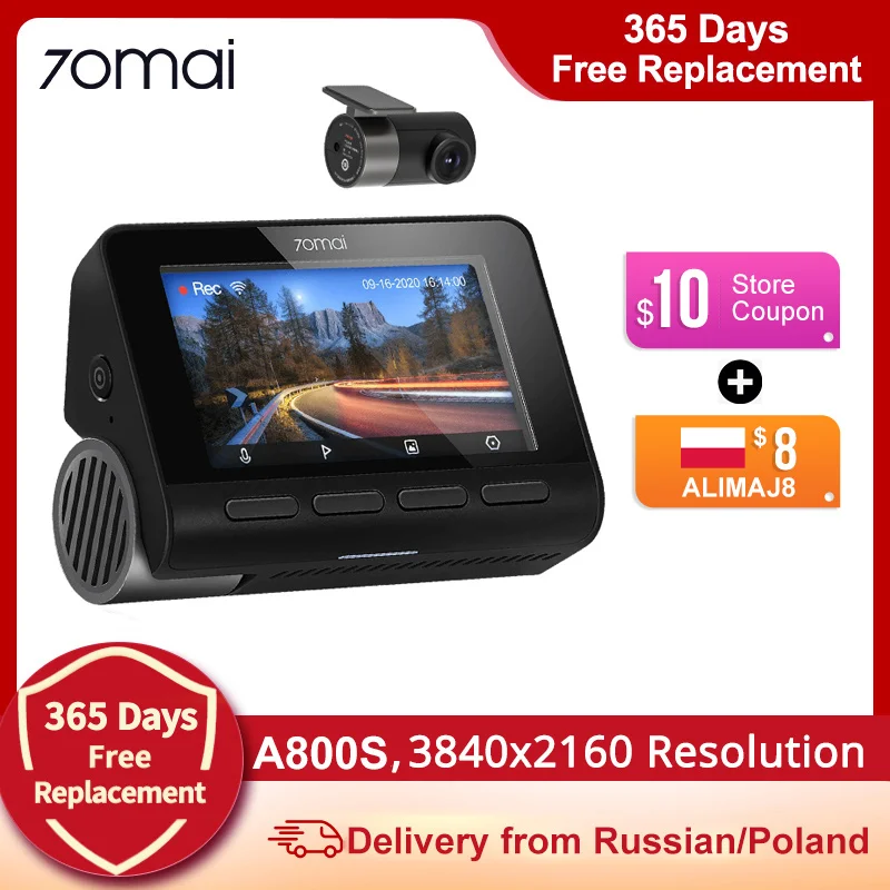 70mai A800S 4K Dash Cam 3840X2160 Resolution 4K Dash Camera Support GPS, Rear Camera Dual Vision, WiFi,A800 upgrade version