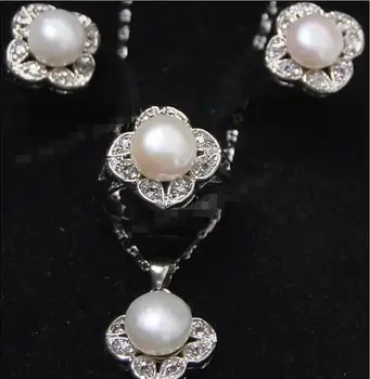 

Free Shipping white Akoya Cultured Pearl Earrings/Ring/ Necklace Pendant Set AAA