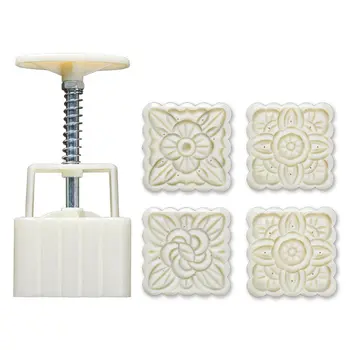 

4pcs Square Hand Press Stamp Moon Cake Decor Barrel Mooncake Mold 100g DIY Tool