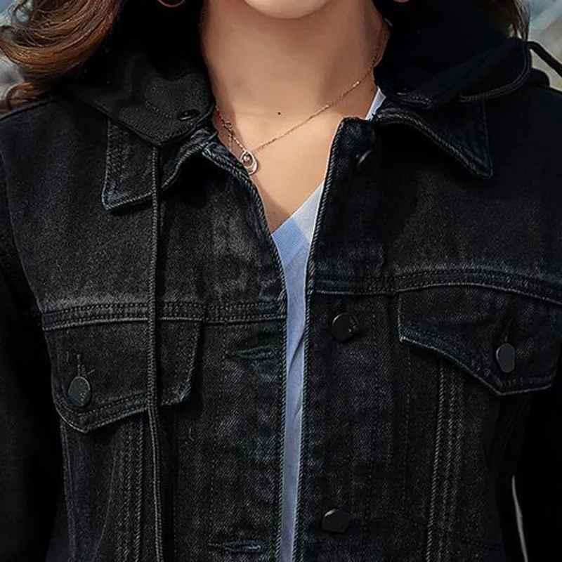 New 2020 Hooded Black Jean Jacket Women 