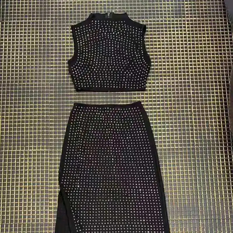 Новинка, сексуальное женское платье с черным бриллиантом, облегающий топ с высоким воротником и вечерние платья, длинное платье макси, комплект из 2 предметов, Vestidos