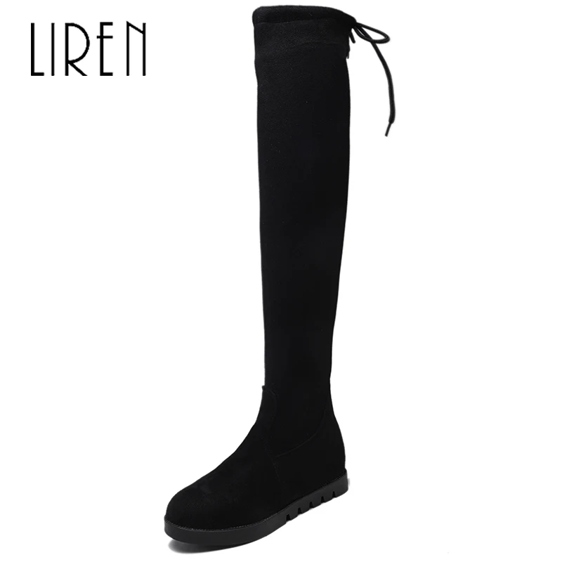 

Liren 2019 Spring/Autumn Women Fashion Over-the-Knee Lace-up Boots Round Wrapped Toe Flat Low Heels Stretch Fabric Lady Boots