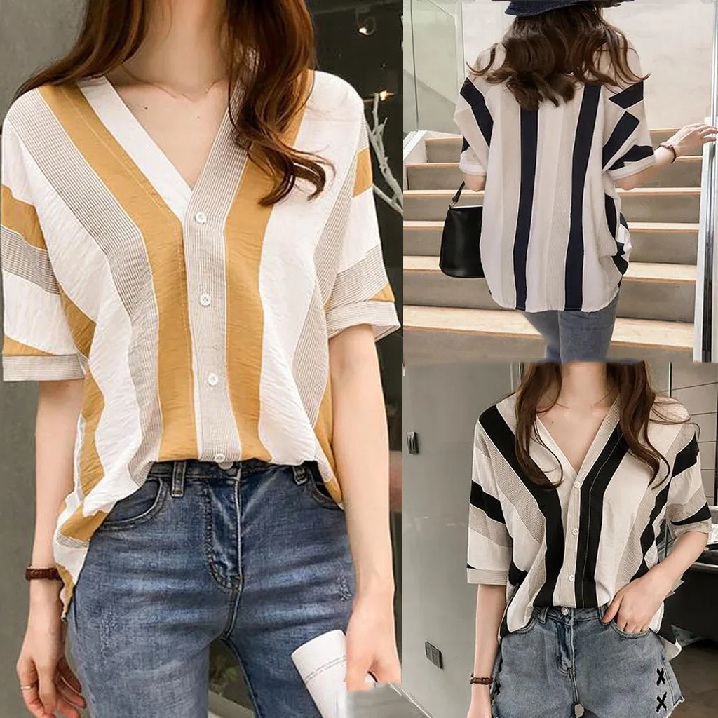 Camisas elegantes de manga corta para mujer, Tops informales con cuello en V, camisas a rayas de empalme, blusa holgada de talla grande, ropa de calle