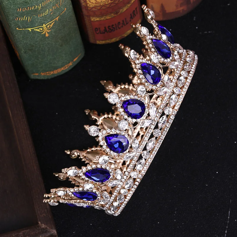 Luxury Round Queen Crowns Shinny Crystal Gold Bridal Tiara With Burgundy Rhinestones New Princess Marrige Accessory SQ0295 - Цвет: blue rhinestone