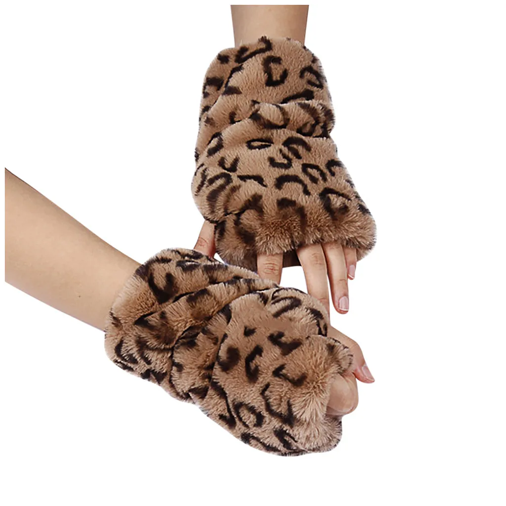 Модные зимние теплые леопардовые перчатки с ворсом, женские утепленные термоперчатки с открытыми пальцами для компьютера, женские нескользящие эластичные перчатки