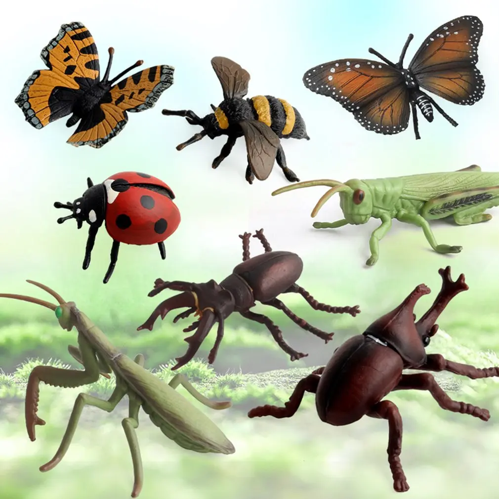 

8pcs Simulation Insect Model Animal Figure Dragonfly Beetle Ladybird Grasshopper Decoration Figurine Children Toys