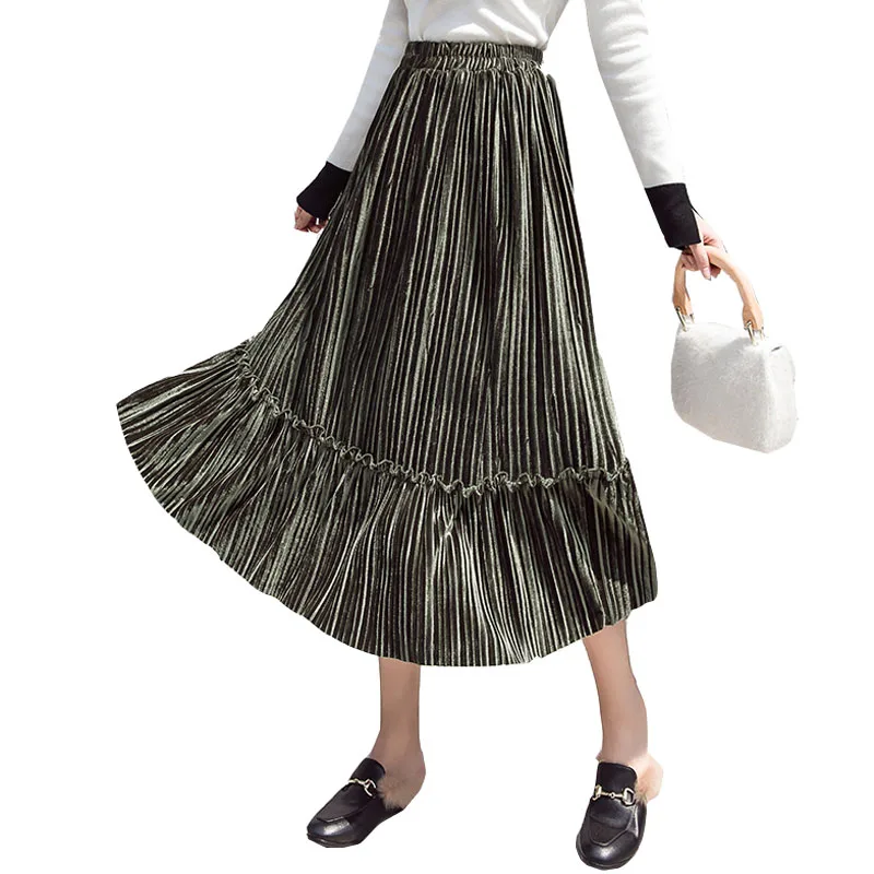 

Women Autumn Winter Skirts Elastic Waist Corduroy Skirts Ruffle Big Swing Retro Velvet Pleated Skirt Plus Size Warm Long Skirts
