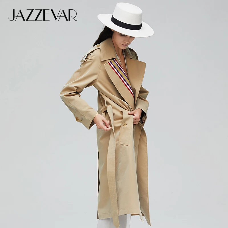 Koop JAZZEVAR 2019 Nieuwe collectie herfst kaki trenchcoat vrouwen casual fashion hoge kwaliteit katoen met riem lange jas voor vrouwen 9004 1