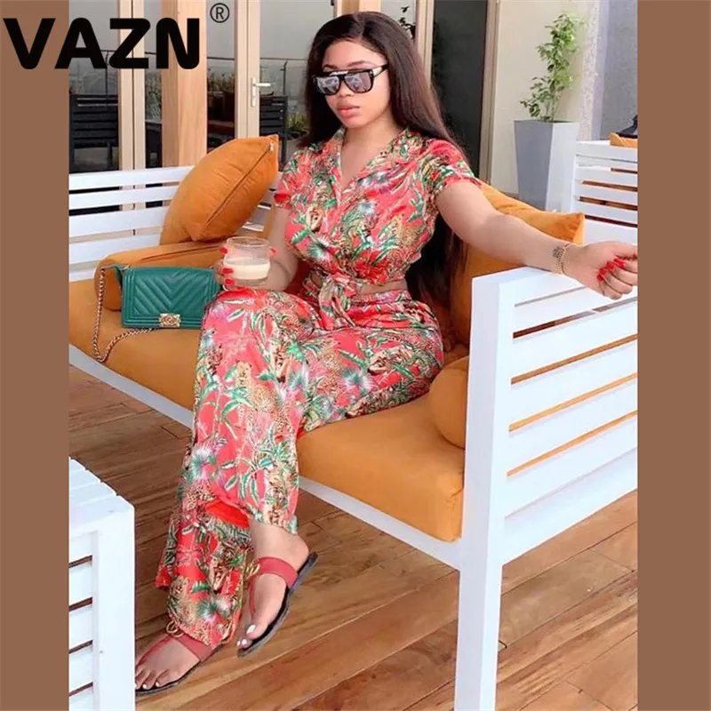 

VAZN Chic 2020 spring sexy lady red pring long 2-piece set short sleeve button fly jknotted tops long pants set lady gauzy sets
