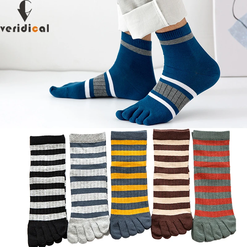 

5 Pairs Mans Short Socks With Toes Pure Cotton Striped Business Young Street Fashion Colorful Five Finger Happy Socks Sokken