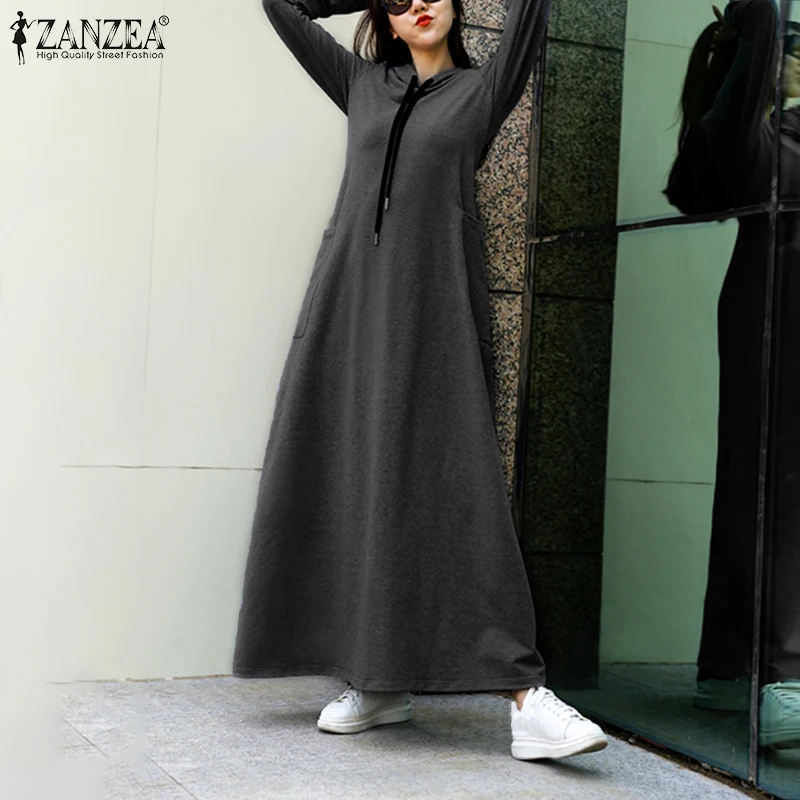 Pullover Robe Sweatshirt Hooded-Dress Maxi Long-Sleeve Zanzea Women Vestidos Casual 5XL
