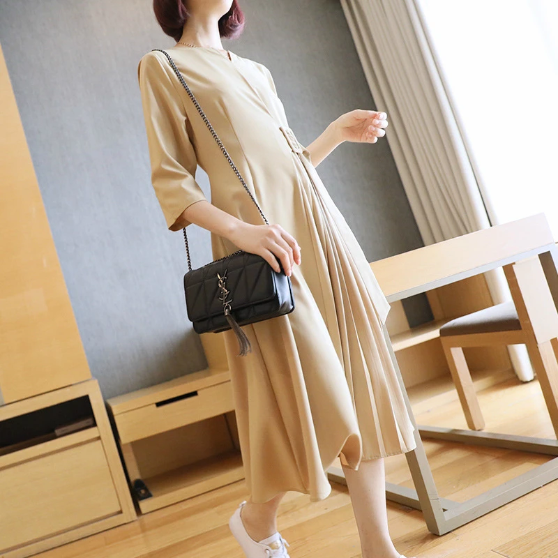

Autumn Sheer Dresses for Women 2020 Three Quarter Corset A Line Pleated Dress Ladies Black Khaki Bandage Chiffon Dresses Woman